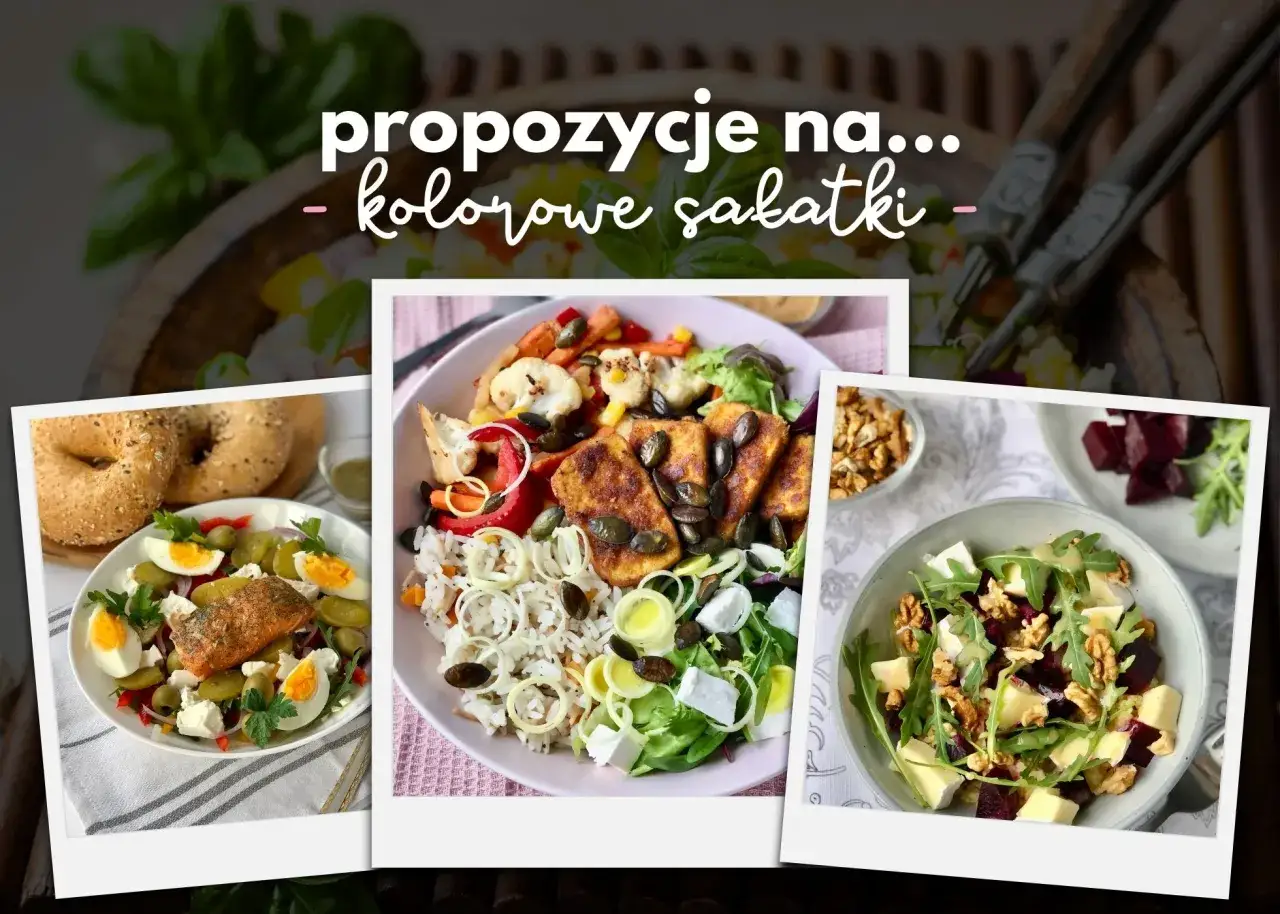 Kolorowe propozycje na sałatki: z łososiem, jajkiem i fetą; z pieczonym tofu, warzywami i ryżem; z burakami, serem i orzechami.