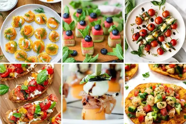 Kolorowe przekąski do grilla: mini tartinki z łososiem, szaszłyki z arbuza i ogórka, caprese na patyczkach, bruschetty, melon z mozzarellą i prosciutto, quesadillas z kurczakiem.