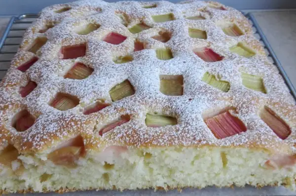 Puszyste ciasto z rabarbarem, posypane cukrem pudrem, z widocznymi kawałkami rabarbaru w kratkę.