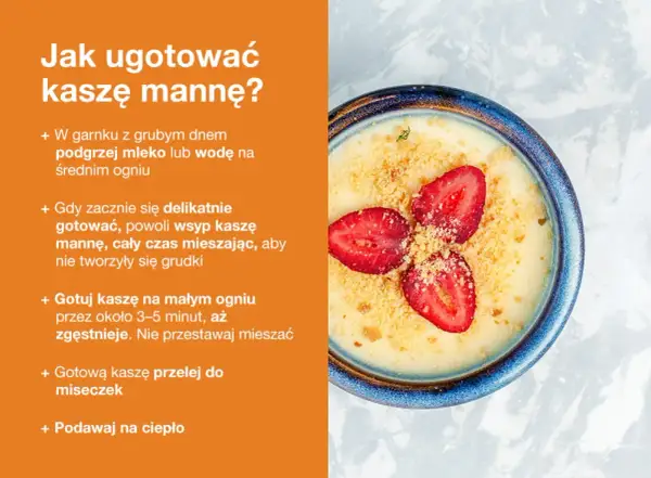 Kaszka manna na mleku, ozdobiona truskawkami i kruszonką. Przepis podpowiada, jak uzyskać idealne proporcje i gładką konsystencję.