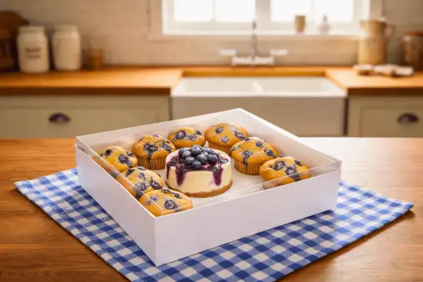 Bento cake co to? Pudełko z babeczkami jagodowymi i małym serniczkiem, idealne na prezent.