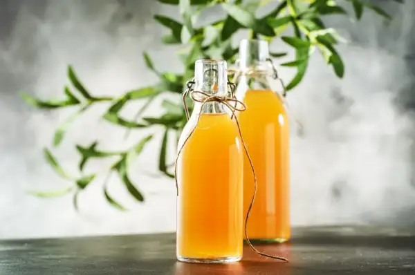 Dwie butelki z domową kombuchą, idealne do wypróbowania prostego kombucha przepis. Zielone liście w tle dodają świeżości.