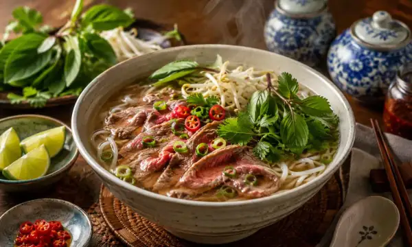 Parująca zupa pho z cienko pokrojoną wołowiną, kiełkami, ziołami i papryczkami chili. Obok limonki i sos chili.