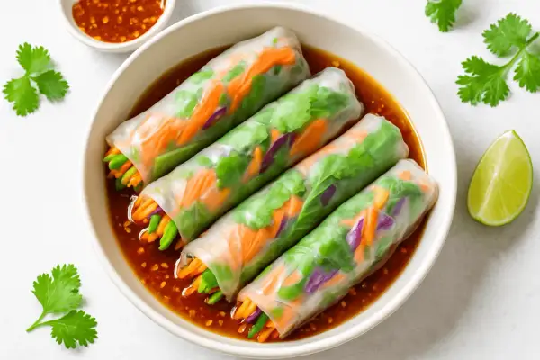 Świeże spring rolls z warzywami w sosie do spring rolls. Kolorowe warzywa, takie jak marchewka i czerwona kapusta, widoczne przez przezroczyste ciasto.
