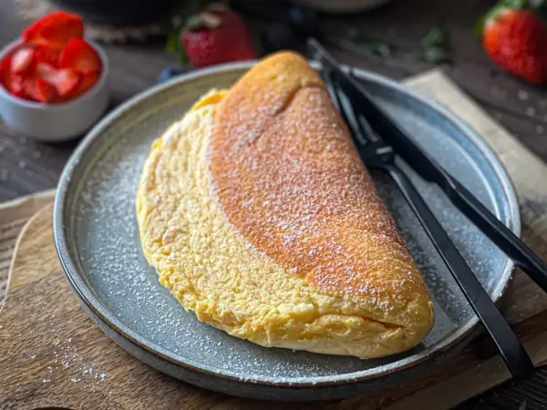 Puszysty omlet na talerzu, posypany cukrem pudrem. Idealny omlet przepis na pyszne śniadanie. Obok miseczka z truskawkami.