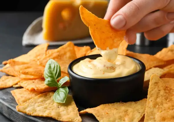 Chrupiące nachos zanurzane w kremowym, serowym dipie. Obok kawałek sera i listek bazylii. Idealna przekąska na imprezę.
