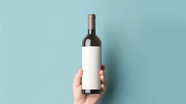 Dłoń trzyma butelkę z pustą etykietą, idealną na wino bezalkoholowe.