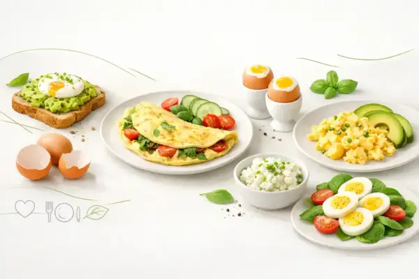 Pyszne śniadanie z jajek: jajecznica, omlet, jajka na miękko, jajko sadzone na grzance z awokado i twarożek.